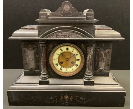 A Victorian slate mantel clock, 10cm dial, Arabic numerals, twin winding holes, architectural case, 39cm high, 45cm wide, c.1