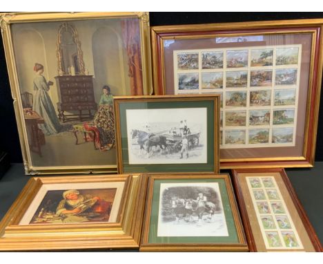 Ten Players Cricketer Caricatures 1926, framed;  Players cards Hunting, framed;  a tapestry after Thomas Gainsborough, The Bl