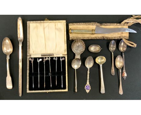 A set of six silver cocktail sticks, cockerel finials, Birmingham 1929, cased;  a George III silver shell caddy spoon;  an EP