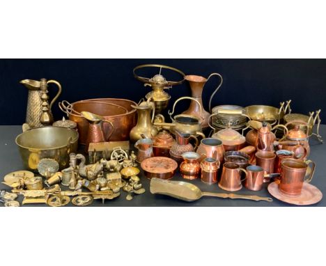 Brass and Copper - jugs, candlestick;  jam pan;  vases;  models;  horse brasses;   etc 