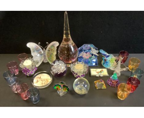 A large bubbled clear  and ruby glass desk weight, 27cm high;  glass dome paperweights;   coloured shot glasses;  Bradford Ex