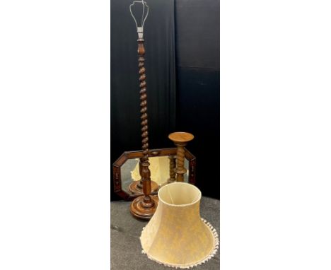 An oak barley twist column standard lamp, 150cm high;  turned pine jardinière stand, 70cm high, 22cm diameter;  canted rectan