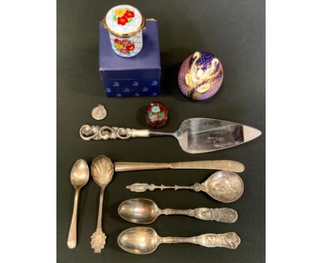 A Royal Crown Derby paperweight, Sleeping Hamster;  an Alastor Enamels trinket box;  a silver commemorative spoon;   others, 