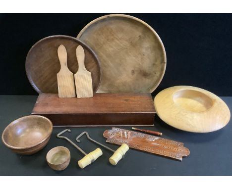 A 19th century mahogany rectangular box;  turned wooden bowls;  boot pulls;  cribbage board;  butter pats;  etc 
