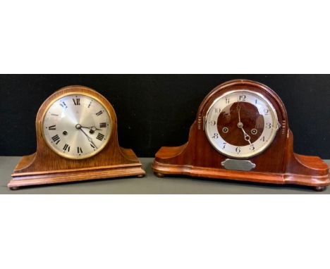 A mahogany mantel clock, presentation plaque to F Stant, Honorary Treasurer dated 1928-1932;  another oak (2) 