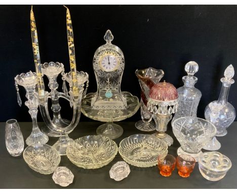 A Bohemia Crystal three light two branch table lustre; a similar mantel clock;   table candlesticks,  decanters, comports, et