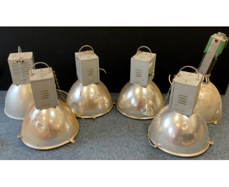 Industrial Lighting -  five Hilclare single phase pendant lights, chromed shades, 61cm drop, 47.5cm diameter;  another, Thorn