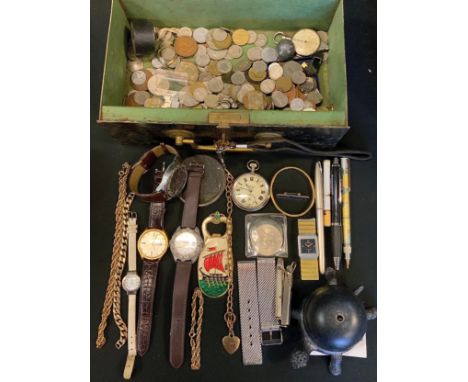 An Army services open face pocket watch;  Boss wristwatch; others;  British and international coinage; pens etc 
