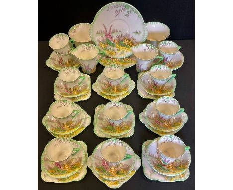 A C.W.S. Windsor China Art Deco Tryst tea service, for twelve, angular handles, printed marks 