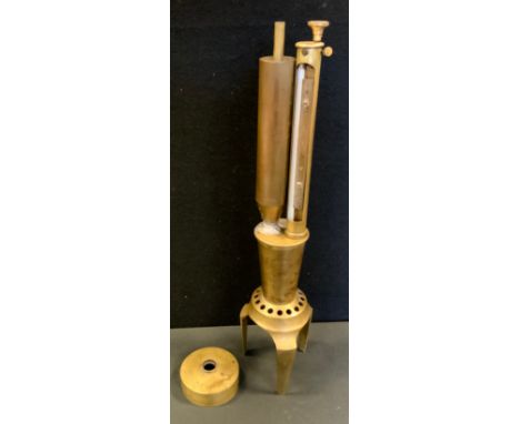 A late 19th century ebulliometer,  alcohol measuring instrument, brass body, tripod feet, no 486, 43,5cm high 