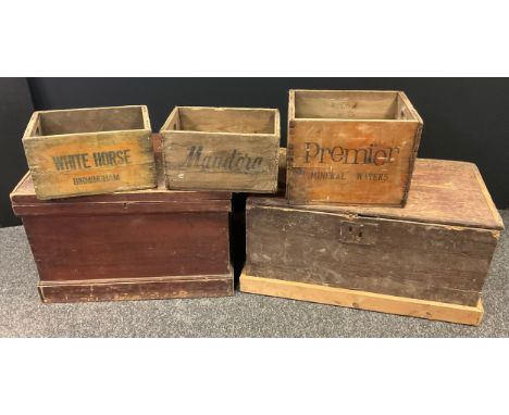 A stained pine tool chest;  another;  R L Jones Mandora wooden crate; others, Premier etc (5) 