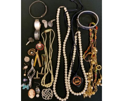 A silver hinged bangle;  a silver christening bangle;  silver cufflinks, beads, necklaces, brooches, etc 