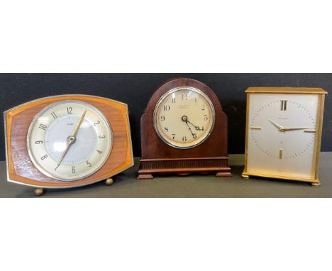 A Harrods Ltd London oak cased mantel clock, 15.5cm high;  Gerrard's mechanical 1970s time piece etc (3) 