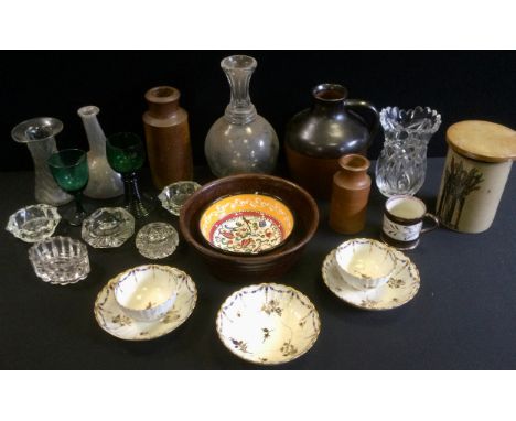 A 19th century brown salt glazed stoneware jars;  Caughley tea bowl and saucers  emerald glasses;  clear glass decanters;  et