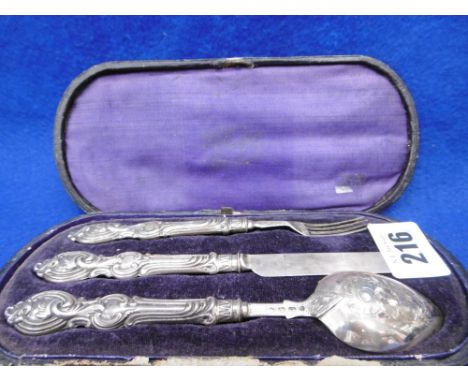 A VICTORIAN HALL MARKED SILVER CHRISTENING SET, FORK, KNIFE AND SPOON IN CASE