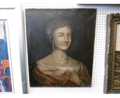 A 19TH CENTURY OIL PAINTING ON CANVAS OF A LADY WEARING A PEARL NECKLACE