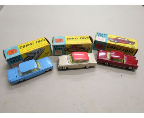 Three boxed Corgi diecast models to include 234  Ford Consul Classic 315 in beige with pink roof, 230 Mercedes Benz 220SE in 