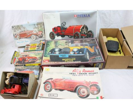 Seven boxed vintage plastic model car kits, to include Bandai Itala, LS Morgan Plus 8, Merit 1912 Packard etc, mixed conditio