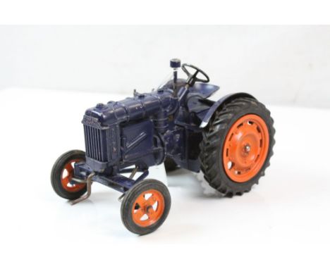 Boxed Chad Valley 9235 Fordson Major Tractor in blue with orange hubs, showing paint loss, hole to box lid
