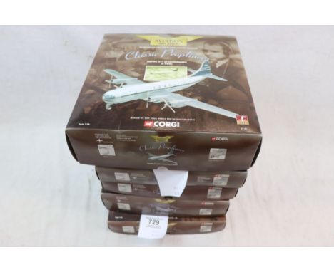 Five boxed Corgi Aviation Archive models to include scale 3 x 1:144 Classic Propliners (Boeing 377 Stratocruiser of BOAC 4810