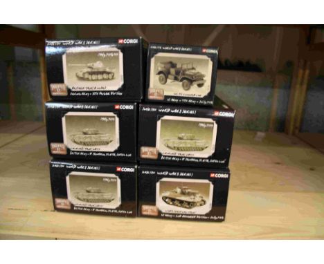 Five boxed Corgi World War II series diecast model tanks, to include CC60202, CC60103 x 3 &amp; CC51006, together with US Arm