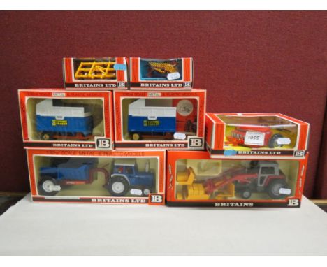 Seven boxed Britains Farm Implements and Farm Vehicles and Trailers to include 1:32 9561 Cultivator Herse, 9543 Buke Rake, 95