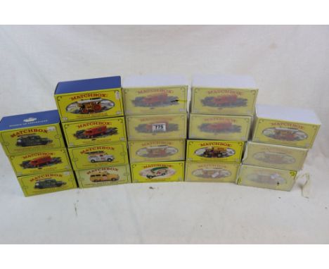 18 Boxed Matchbox of Yesteryear diecast models (yellow and blue boxes) including Y-37 1929 Garnett Steam Wagon, Y-19 Fowler B