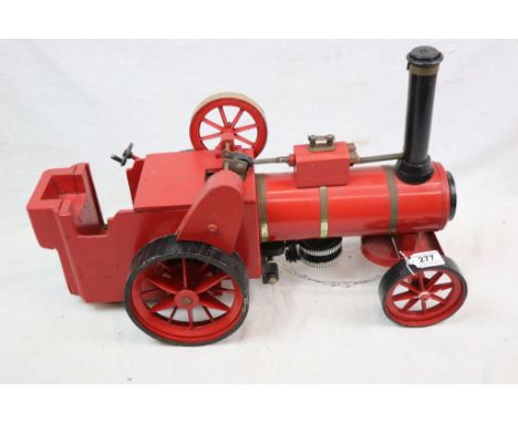 Scratch built Steam Tractor Model in red, wooden and tin with metal fittings, 24" in approx length 