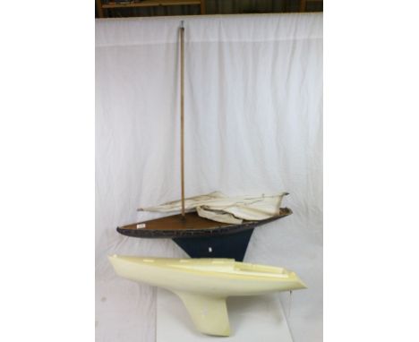 Large wooden pond yacht with sail and a plastic model boat, no engine 