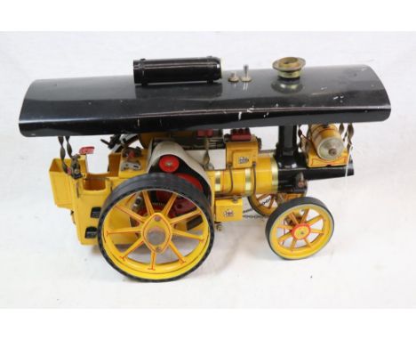 Scratch built steam engine model in yellow, wooden and tin with metal fittings, 21" in approx length 