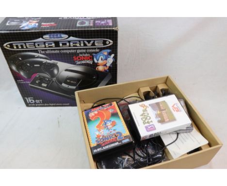 Boxed Sega Mega Drive console plus 4 x games to include PGA Tour 96 &amp; III, Sonic the Hedgehog and Sonic 2 complete with 2