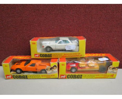 Three boxed Corgi Whizzwheels diecast models to include 165 Adams 4 Engined Dragster (vg) , 388 Mercedes Benz C110 (some pain