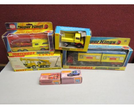 Six boxed diecast models to include Dinky 980 Coles Hydra Truck 150T, Corgi 406 Mercedes Benz Unimog 406 (no canopy), Matchbo