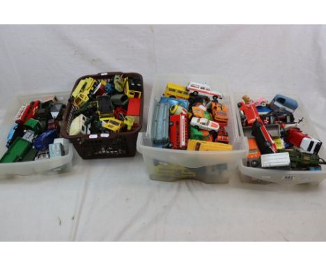 Collection of loose playworn diecast models, Corgi, Matchbox etc, in four trays