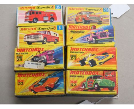 Eight boxed Matchbox 75 Series Superfast diecast models to include 25 MOD Tractor, 53 Tanzara, 24 Team Matchbox, 6 Ford Pick-