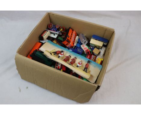 Group of vintage diecast models to include Matchbox, Dinky Corgi plus a set of Britains guards on stand and Shredded Wheat N 