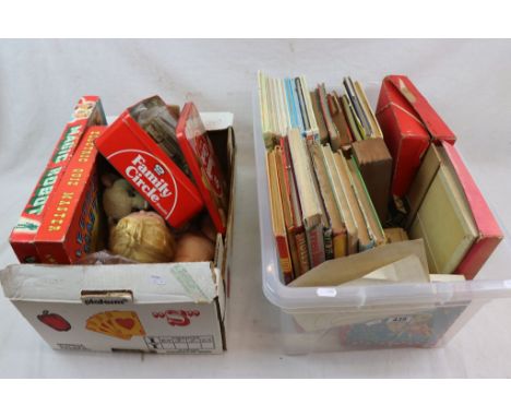 Group of vintage annuals and games to include boxed Bayko Set O, boxed Merit Students Microscope, wooden block puzzles, dolls