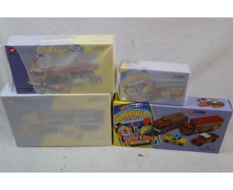 Four boxed Corgi Classics Chipperfields Circus diecast models to include 97092, 14201, 11201, 31703 complete with certificate