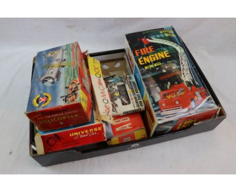 Five boxed vintage toys to include boxed tin plate Universe Stunt Car (box poor), boxed Marx Toys mechanical Air and Sea Resc