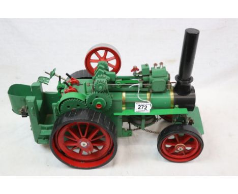 Scratch built traction engine model in green, wooden and tin with metal fittings, 20" in approx length 