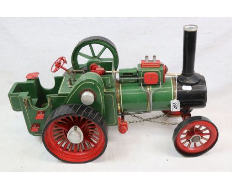Scratch built 'The Wallis Expansion' steam engine model in green, wooden and tin with metal fittings, 23" in approx length 