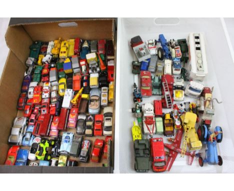 Two trays of playworn diecast vehicles to include Corgi, Matchbox, Dinky etc