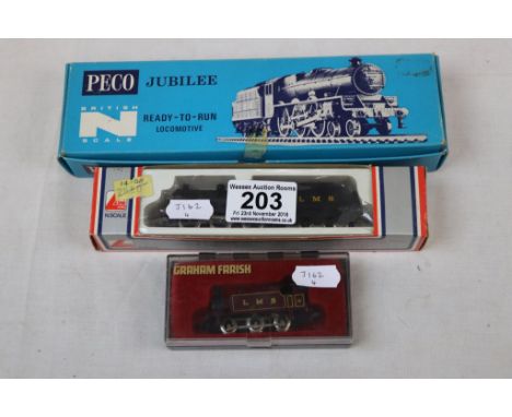 Three boxed/cased N gauge Locomotives to include Peco NL21 Jubilee, Graham Fraish LMS Tank Engine and Lima 220258G