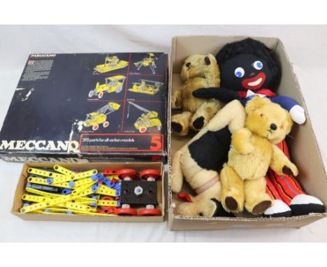 Selection to include a boxed Meccano 5 set, a box of plastic Meccano, two Chad Valley teddies, a Merrythought dog and a golly