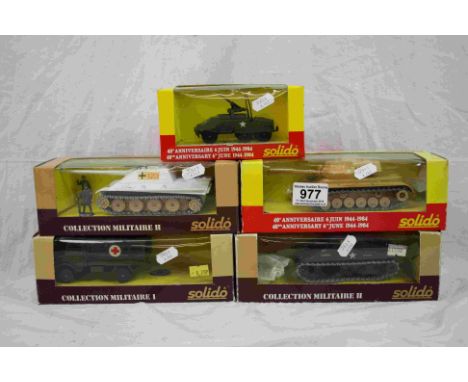 Five boxed Solido military diecast models to include 3x Les Militaries 6038, 6053, 6064 and 2 x 40th Anniversary 6th June 194