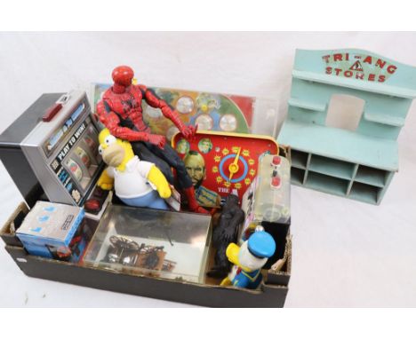 Collection of mixed toys and games to include The A Team Pinball machine, Spiderman figure, Homer Simpson soft figure,  plast