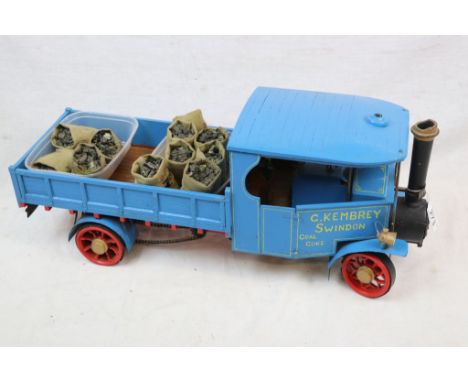 Scratch built steam engine truck model in blue 'G Kembrey Swindon Coal Coke' with 11x bags of coal, wooden and tin with metal