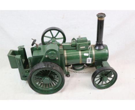 Scratch built steam tractor model in green, wooden and tin with metal fittings, 23" in approx length 