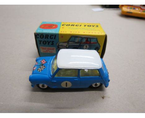 Boxed Corgi 227 Morris Mini Cooper Competition Model in blue, race number 1, decals gd with minimal paint loss, box gd