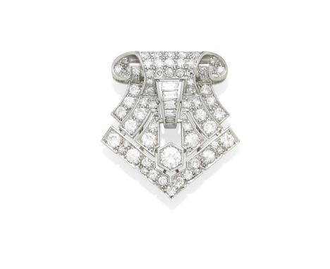 An Art Deco diamond clip brooch mounted in platinum; estimated total diamond weight: 4.05cts; dimensions: 1 1/4 x 1 1/4in.